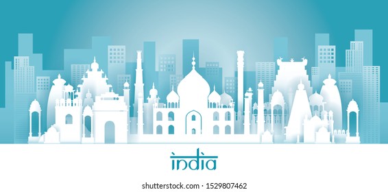 India Skyline Landmarks in Paper Cutting Style, Famous Place and Historical Buildings, Travel and Tourist Attraction