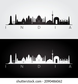 India skyline and landmarks silhouette, black and white design, vector illustration.
