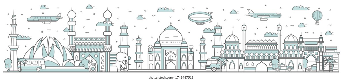 India skyline. Line cityscape with traditional building landmarks horizontal panorama. India skyline with Taj Mahal, Lotus Temple street city sights. City constructions outline, architecture concept