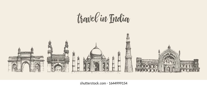 Indiens Skyline mit seinen wichtigsten Attraktionen. Mumbai, Hyderabad, Agra, Delhi, Lucknow. Concept Artwork. Handgezeichnete Vektorillustration, Skizze