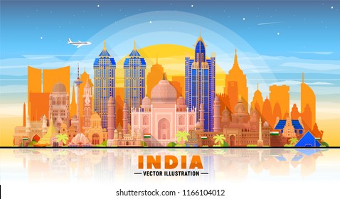 India skyline with panorama in sky background. Vector Illustration. Business travel and tourism concept with modern buildings. Collage from largest cities of India.