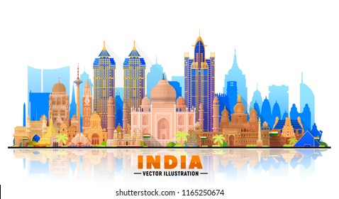 India skyline with panorama in white background. Vector Illustration. Business travel and tourism concept with modern buildings. Collage from largest cities of India.