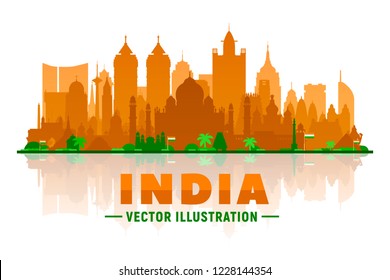 India skyline silhouette with panorama in sky background. Vector Illustration. Business travel and tourism concept with modern buildings. Collage from largest cities of India.