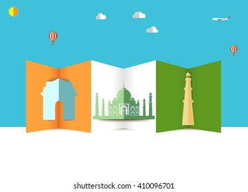 India skyline, taj mahal india gate kutub minar Vector illustration Travel and tourism background