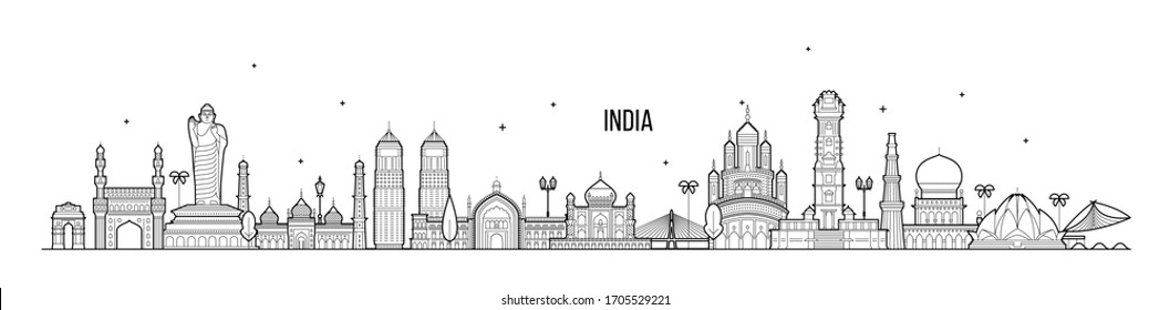 India skyline. This illustration represents the country with its most notable buildings. Vector is fully editable, every object is holistic and movable