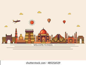 India skyline.  Travel and tourism background. Vector line illustration. Line art style