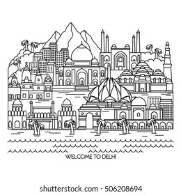 India skyline. Travel and tourism background. Vector line illustration. Line art style