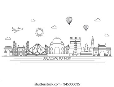 India skyline. Vector background. line illustration. Line art style