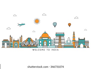 India skyline. Vector background. line illustration. Line art style