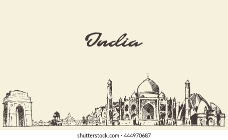 India Skyline, Vector Engraved Illustration, Hand Drawn, Sketch