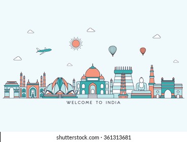 India skyline. Vector line illustration. Line art style