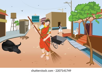 India Small Town Women Picked Hand Broom For Cleaning And People Walking And Sitting