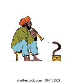 India, snake and charmer. Man with flute and cobra. Vector summer illustration, white background