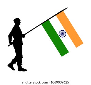 India soldier with India flag vector silhouette. Ceremonial day of independence. Memorial army saluting, national veteran day. Battle for freedom ceremony. Military walk for India liberty.