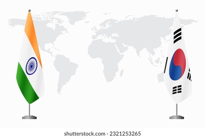 Banderas de India y Corea del Sur para una reunión oficial en el fondo del mapa mundial.