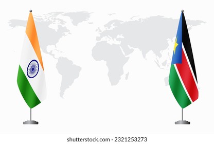 India and South Sudan flags for official meeting against background of world map.