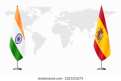 Banderas de India y España para una reunión oficial en el fondo del mapa mundial.