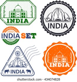 India stamps set. Simple drawing. India symbols. Vector illustration