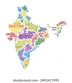 India state word cloud. Country shape design. India colored illustration. State names collage cloud. Vector illustration.