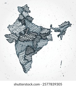 India states word clouds. Country shape on textured background. India design in typographic style. Amazing vector illustration.