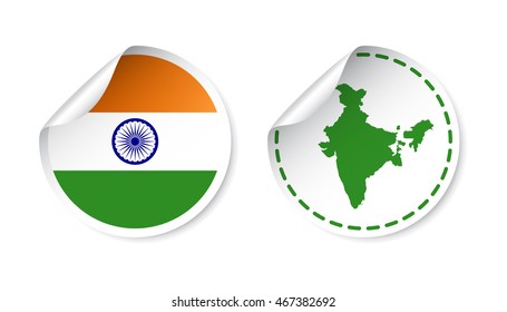 India sticker with flag and map. Label, round tag with country. Vector illustration on white background.