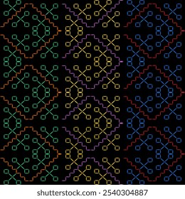 India stitch Kasuti embroidery fabric pattern needle work seamless geometric abstract culture decorative hand drawn tribal asian template printed colorful line artwork black background quilt wallpaper