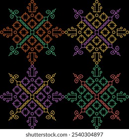 India stitch Kasuti embroidery fabric pattern needle work seamless geometric abstract culture decorative hand drawn tribal asian template printed colorful line artwork black background quilt wallpaper