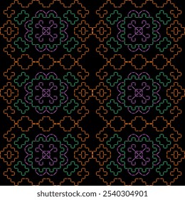 India stitch Kasuti embroidery fabric pattern needle work seamless geometric abstract culture decorative hand drawn tribal asian template printed colorful line artwork black background quilt wallpaper