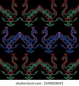 Índia costura Kasuti bordado tecido padrão agulha trabalho sem costura geométrica abstrata cultura decorativa mão desenhada tribal asiática modelo impresso colorido linha arte fundo preto colcha papel de parede