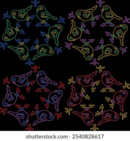 India puntada Kasuti bordado patrón de tela aguja de trabajo sin fisuras geométrica abstracta cultura decorativa dibujada a mano tribal asiático Plantilla impresa línea colorida ilustración de fondo negro edredón Fondo de pantalla