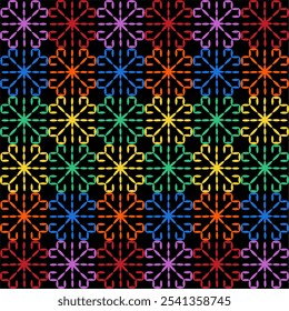 India stitch Kasuti embroidery fabric pattern needle work seamless geometric abstract culture decorative hand drawn tribal asian template printed colorful line artwork black background quilt wallpaper