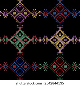 India stitch Kasuti embroidery fabric pattern needle work seamless geometric abstract culture decorative hand drawn tribal asian template printed colorful line artwork black background quilt wallpaper