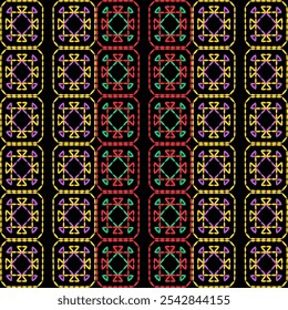 India stitch Kasuti embroidery fabric pattern needle work seamless geometric abstract culture decorative hand drawn tribal asian template printed colorful line artwork black background quilt wallpaper