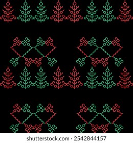 India stitch Kasuti embroidery fabric pattern needle work seamless geometric abstract culture decorative hand drawn tribal asian template printed colorful line artwork black background quilt wallpaper