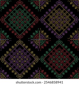 Índia costura Kasuti bordado tecido padrão agulha trabalho sem costura geométrica abstrata cultura decorativa mão desenhada tribal asiática modelo impresso colorido linha arte fundo preto colcha papel de parede