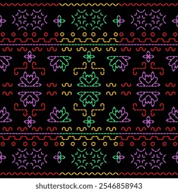 India stitch Kasuti embroidery fabric pattern needle work seamless geometric abstract culture decorative hand drawn tribal asian template printed colorful line artwork black background quilt wallpaper