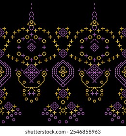 India stitch Kasuti embroidery fabric pattern needle work seamless geometric abstract culture decorative hand drawn tribal asian template printed colorful line artwork black background quilt wallpaper