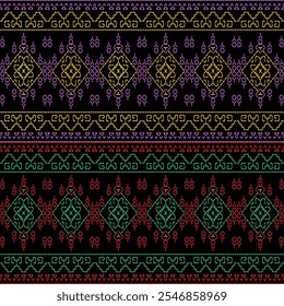India stitch Kasuti embroidery fabric pattern needle work seamless geometric abstract culture decorative hand drawn tribal asian template printed colorful line artwork black background quilt wallpaper
