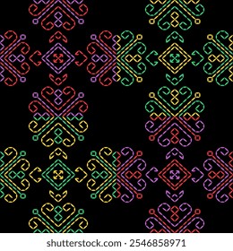 India stitch Kasuti embroidery fabric pattern needle work seamless geometric abstract culture decorative hand drawn tribal asian template printed colorful line artwork black background quilt wallpaper