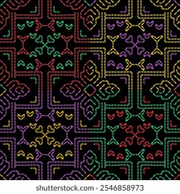 Índia costura Kasuti bordado tecido padrão agulha trabalho sem costura geométrica abstrata cultura decorativa mão desenhada tribal asiática modelo impresso colorido linha arte fundo preto colcha papel de parede