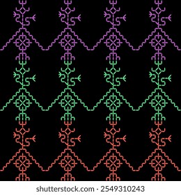 India stitch Kasuti embroidery fabric pattern needle work seamless geometric abstract culture decorative hand drawn tribal asian template printed colorful line artwork black background quilt wallpaper