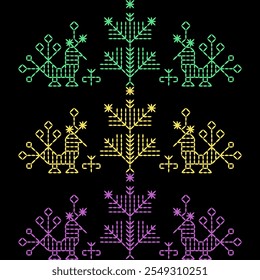 India stitch Kasuti embroidery fabric pattern needle work seamless geometric abstract culture decorative hand drawn tribal asian template printed colorful line artwork black background quilt wallpaper
