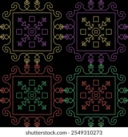 India stitch Kasuti embroidery fabric pattern needle work seamless geometric abstract culture decorative hand drawn tribal asian template printed colorful line artwork black background quilt wallpaper