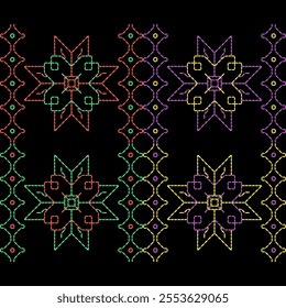 India stitch Kasuti embroidery fabric pattern needle work seamless geometric abstract culture decorative hand drawn tribal asian template printed colorful line artwork black background quilt wallpaper