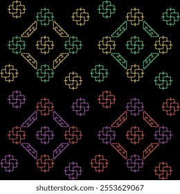 India stitch Kasuti embroidery fabric pattern needle work seamless geometric abstract culture decorative hand drawn tribal asian template printed colorful line artwork black background quilt wallpaper