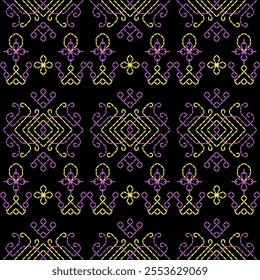 India stitch Kasuti embroidery fabric pattern needle work seamless geometric abstract culture decorative hand drawn tribal asian template printed colorful line artwork black background quilt wallpaper