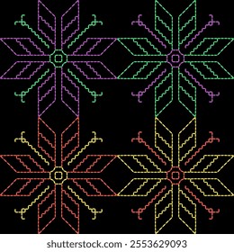 India stitch Kasuti embroidery fabric pattern needle work seamless geometric abstract culture decorative hand drawn tribal asian template printed colorful line artwork black background quilt wallpaper