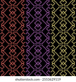 India stitch Kasuti embroidery fabric pattern needle work seamless geometric abstract culture decorative hand drawn tribal asian template printed colorful line artwork black background quilt wallpaper