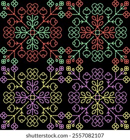 India stitch Kasuti embroidery fabric pattern needle work seamless geometric abstract culture decorative hand drawn tribal asian template printed colorful line artwork black background quilt wallpaper