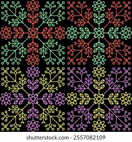 India stitch Kasuti embroidery fabric pattern needle work seamless geometric abstract culture decorative hand drawn tribal asian template printed colorful line artwork black background quilt wallpaper